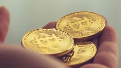 Hand holding golden Bitcoin coins