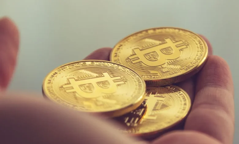 Hand holding golden Bitcoin coins