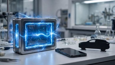 Futuristic solid-state battery cell glowing in a laboratory