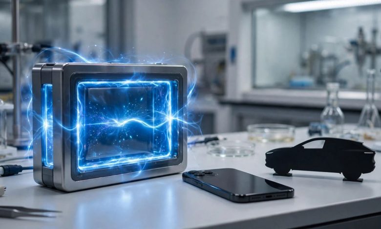 Futuristic solid-state battery cell glowing in a laboratory
