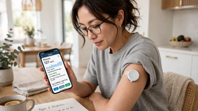 Person with type 2 diabetes wearing a continuous glucose monitor and checking readings on a smartphone