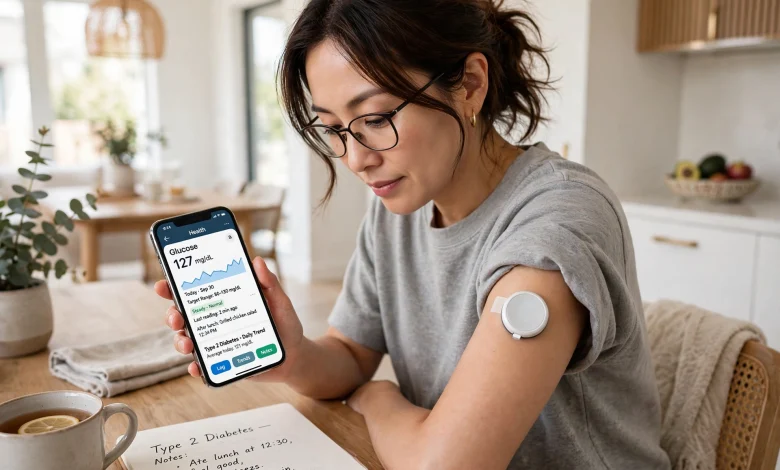 Person with type 2 diabetes wearing a continuous glucose monitor and checking readings on a smartphone