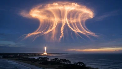 SpaceX rocket launch creating a glowing jellyfish cloud over the US East Coast at dawn