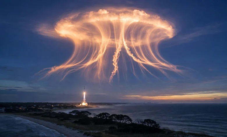 SpaceX rocket launch creating a glowing jellyfish cloud over the US East Coast at dawn